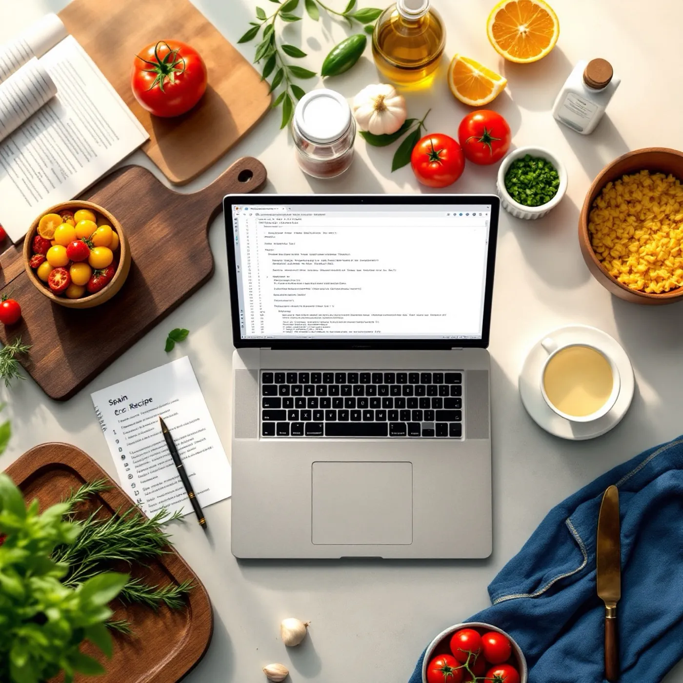 Portátil con código rodeado de ingredientes de cocina