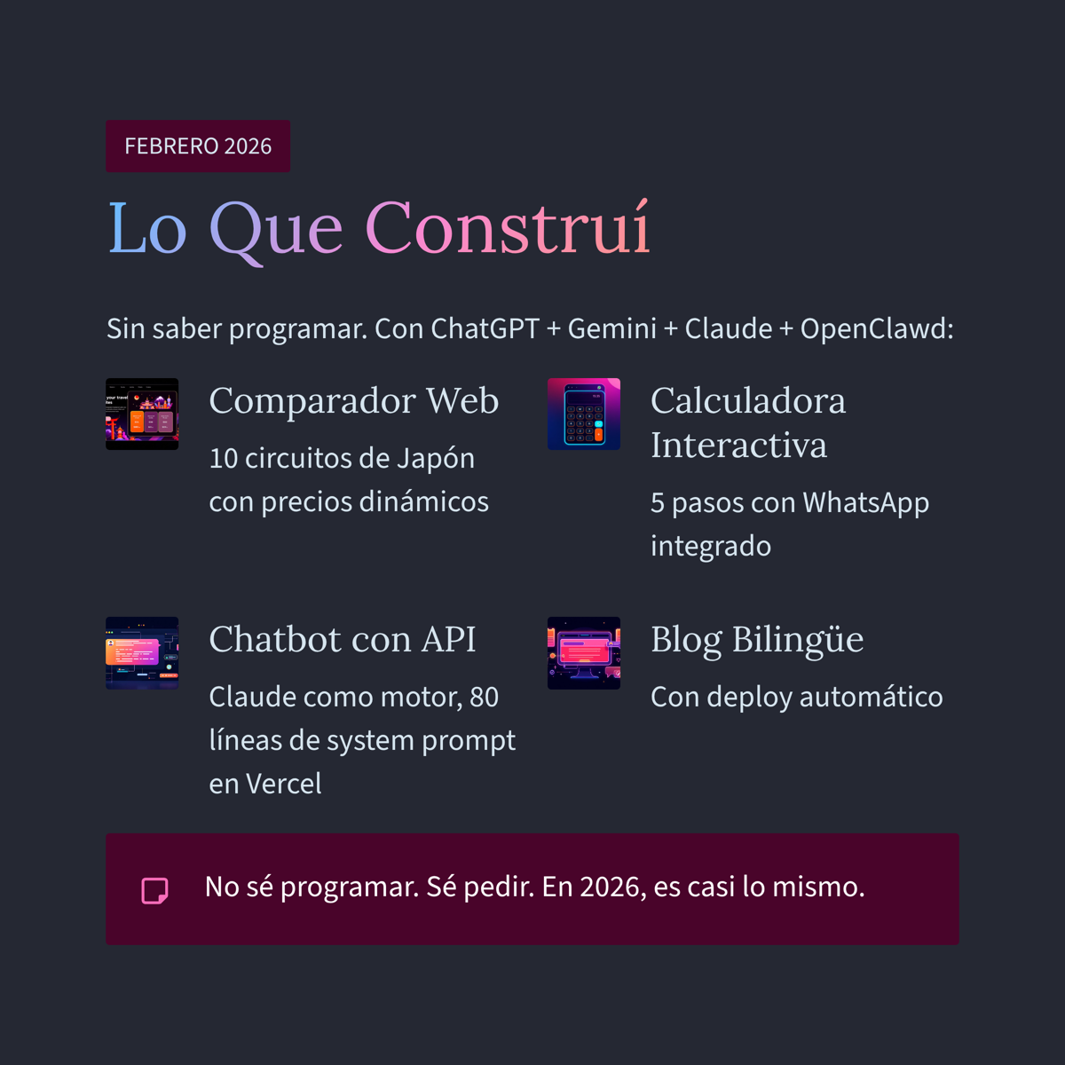 Febrero 2026: Lo que construí sin saber programar — Comparador, Calculadora, Chatbot, Blog