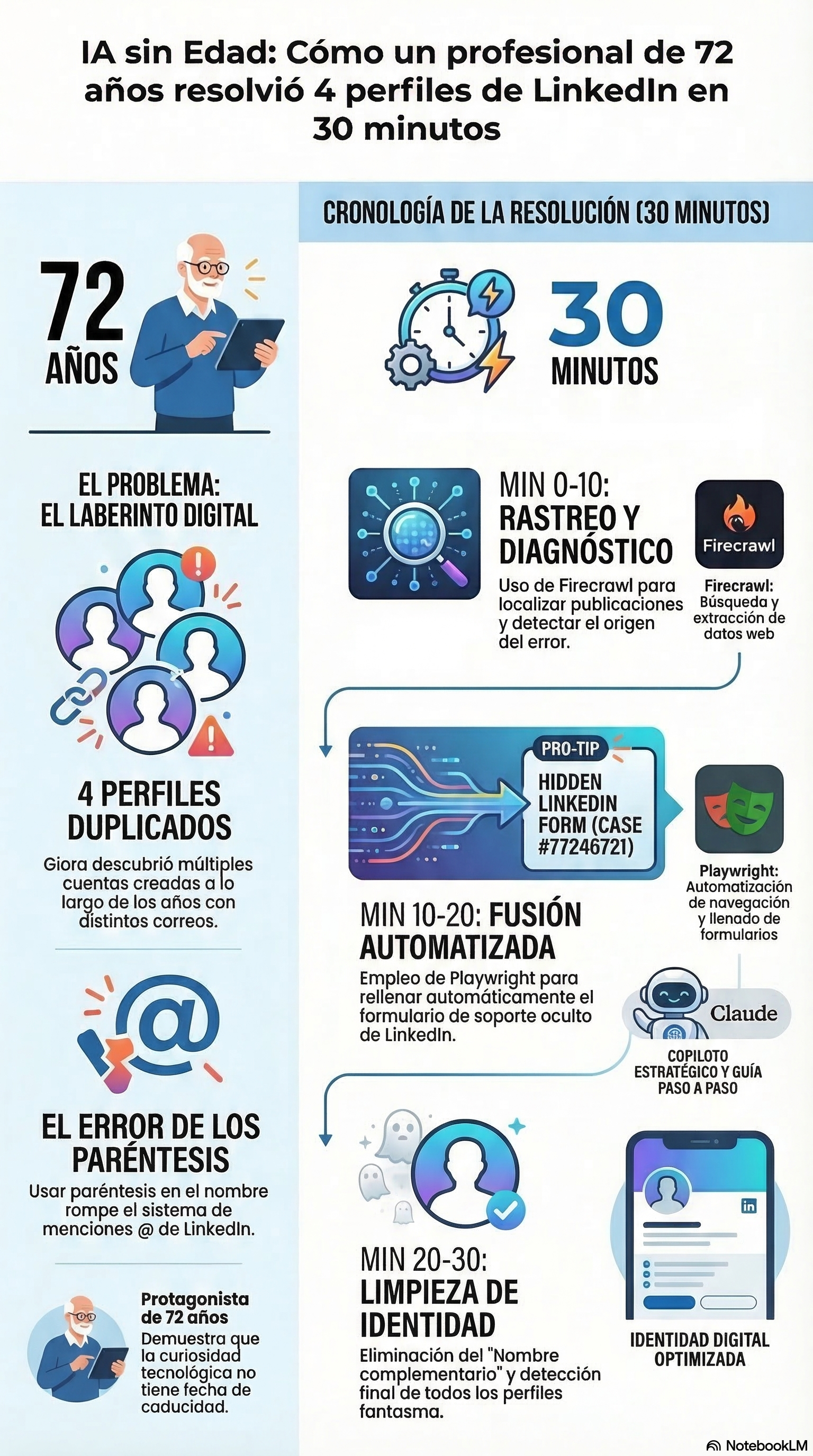 Infografía: IA sin Edad — Cómo un profesional de 72 años resolvió 4 perfiles de LinkedIn en 30 minutos. Cronología de la resolución.